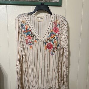 Savanna Jane Cream Striped V-Neck Top with Bright Floral Embroidery